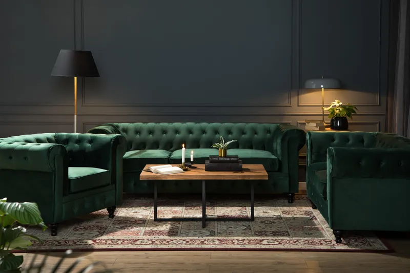 Chesterfield Lyx Soffgrupp 2-sits+Fåtölj Sammet - Mörkgrön - Products - Möbler - Soffa - Soffgrupp - Chesterfield soffgrupp