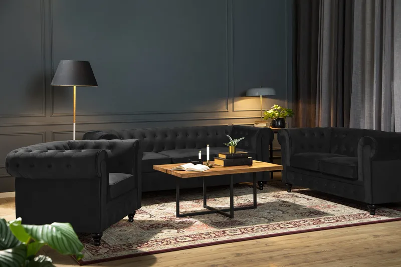 Chesterfield Lyx Soffgrupp 2-sits+Fåtölj Sammet - Svart - Products - Möbler - Soffa - Soffgrupp - Chesterfield soffgrupp
