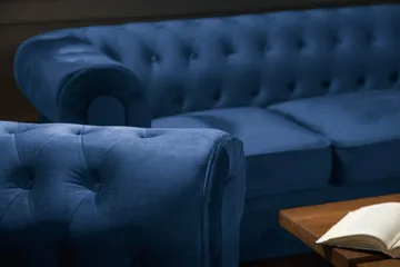 Chesterfield Lyx Soffgrupp 3+2+1 i Sammet - Mörklblå / Blå - Products - Möbler - Soffa - Soffgrupp - Chesterfield soffgrupp