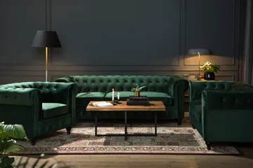 Chesterfield Lyx Soffgrupp 3+2 i Sammet - Mörkgrön / Grön - Products - Möbler - Soffa - Soffgrupp - Chesterfield soffgrupp