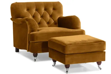 Howard Riviera Soffgrupp 3-sits + 2-sits Soffa + Fåtölj + Fotpall i Sammet - Mörkgul - Products - Möbler - Soffa - Soffgrupp - Howard soffgrupp