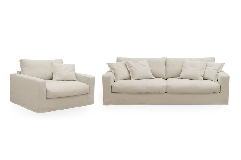 Valencia Extra Djup 3-sits soffa + fåtölj med avtagbar och tvättbar klädsel, Beige