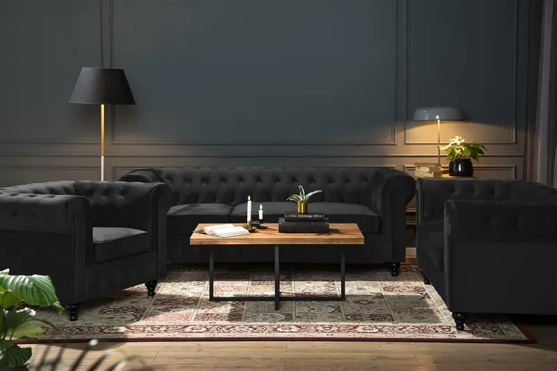 Chesterfield Lyx Stor skön djup sammetsfåtölj - Fåtölj till vardagsrum - Svart Sammet - Products - Möbler - Fåtölj & stolar - Fåtölj - Chesterfield fåtölj