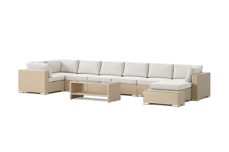 Bahamas utomhus U-soffa 8-sits vändbar divan med öppet avslut och bord med hylla, Beige