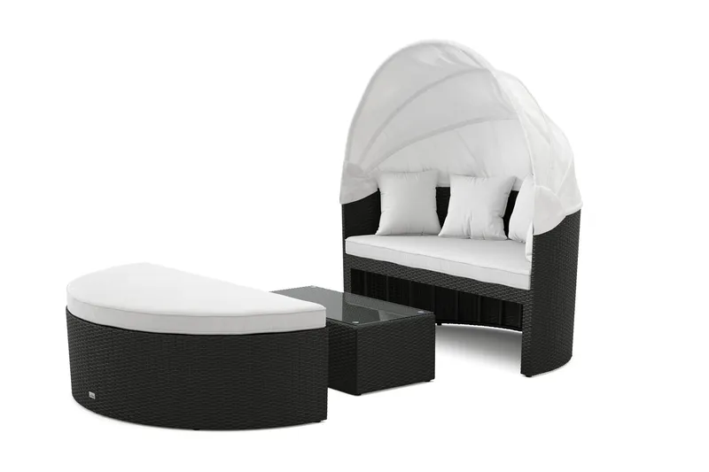 Florens Rund dubbel Solsäng med tak - Soffbord med glasskiva i konstrotting, Svart