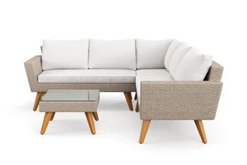 Karlskrona 5-sits Loungegrupp utomhus med vita dynor soffbord i konstrotting med glasskiva - Brun - Products - Utemöbler & utemiljö - Loungemöbler - Loungeset & loungegrupp