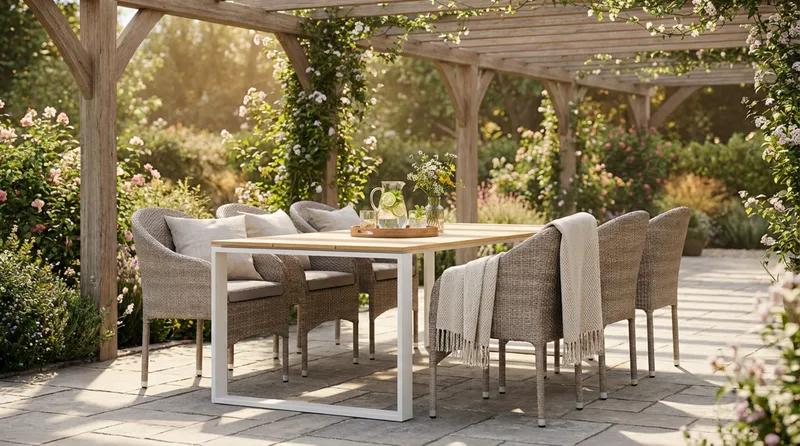 Devon utomhus matgrupp 210x100 cm med 6 Thor fåtöljer - Beige/Teak - Products - Utemöbler & utemiljö - Utegrupp - Matgrupp utomhus