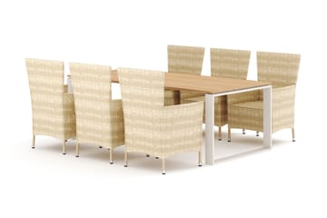 Devon utomhus matgrupp 210x100 cm med 6 Thor fåtöljer, Beige/Teak