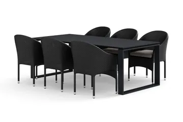 Devon utomhus matgrupp 210x100 cm med 6 Thor fåtöljer, Svart