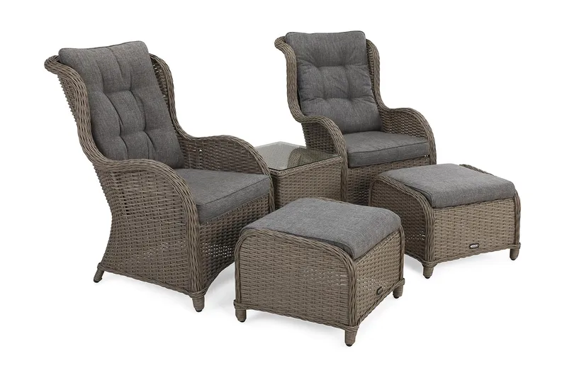 Marcus Caféset med 2 Öronlappsfåtöljer med Fotpall m Dyna, Grå