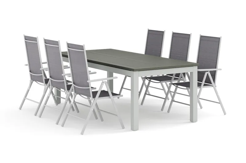 Monaco utomhus matgrupp förlängningsbart 210/310x90 med 6 Maggie positionsstolar, Vit/Grå