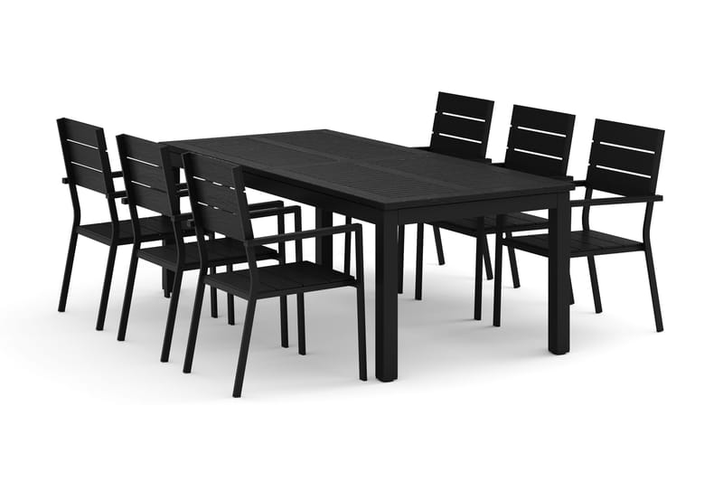 Monaco utomhus matgrupp förlängningsbart 210/310x90 med 6 Tunis stapelstolar, Svart/Grå