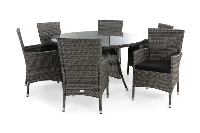 Thor Matgrupp Utomhus Ø140 + 6 Thor Fåtölj m Dyna, Grå/Grå/Svart