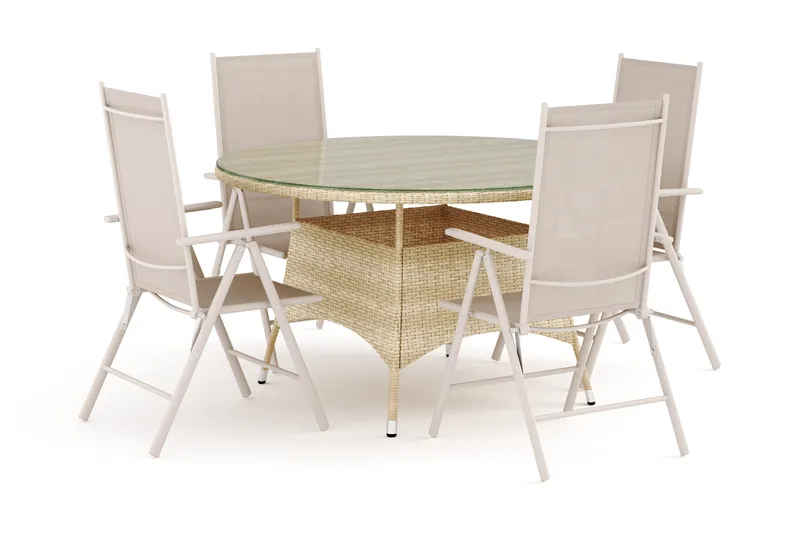 Thor utomhus rund matgrupp 140 cm med 4 Maggie positionsstolar, Beige