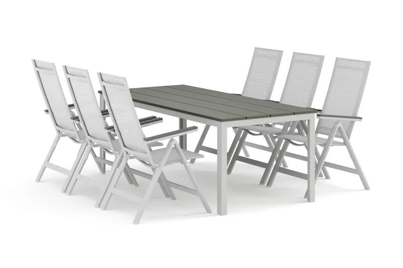 Tunis utomhus matgrupp 205x90 cm med 6 Monaco Light positionsstolar, Vit/Grå
