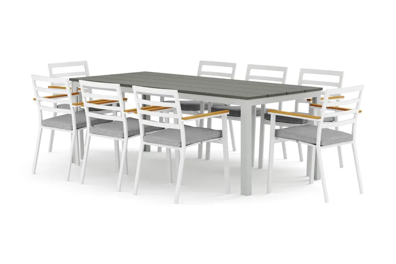 Tunis utomhus matgrupp 205x90 cm med 8 Oliver karmstolar med dyna, Vit/Grå
