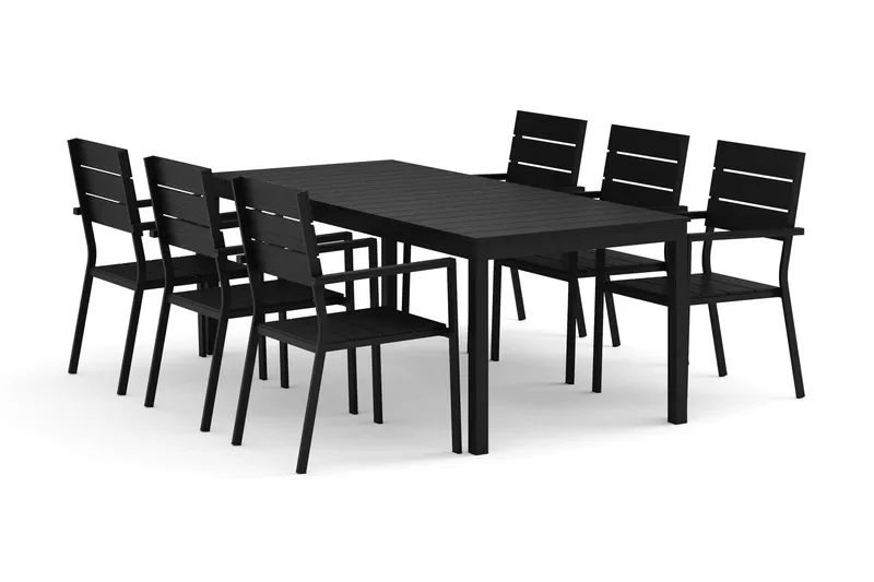 Tunis utomhus matgrupp förlängningsbart 205/305x90 cm med 6 Tunis stapelstolar, Svart/Svart