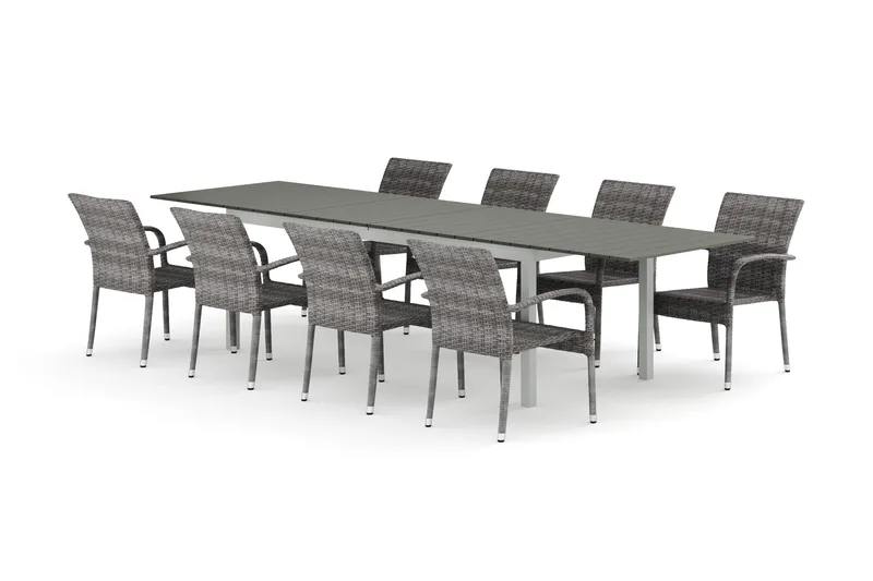 Tunis utomhus matgrupp förlängningsbart 205/305x90 cm med 8 Thor Light utefåtöljer, Vit/Grå