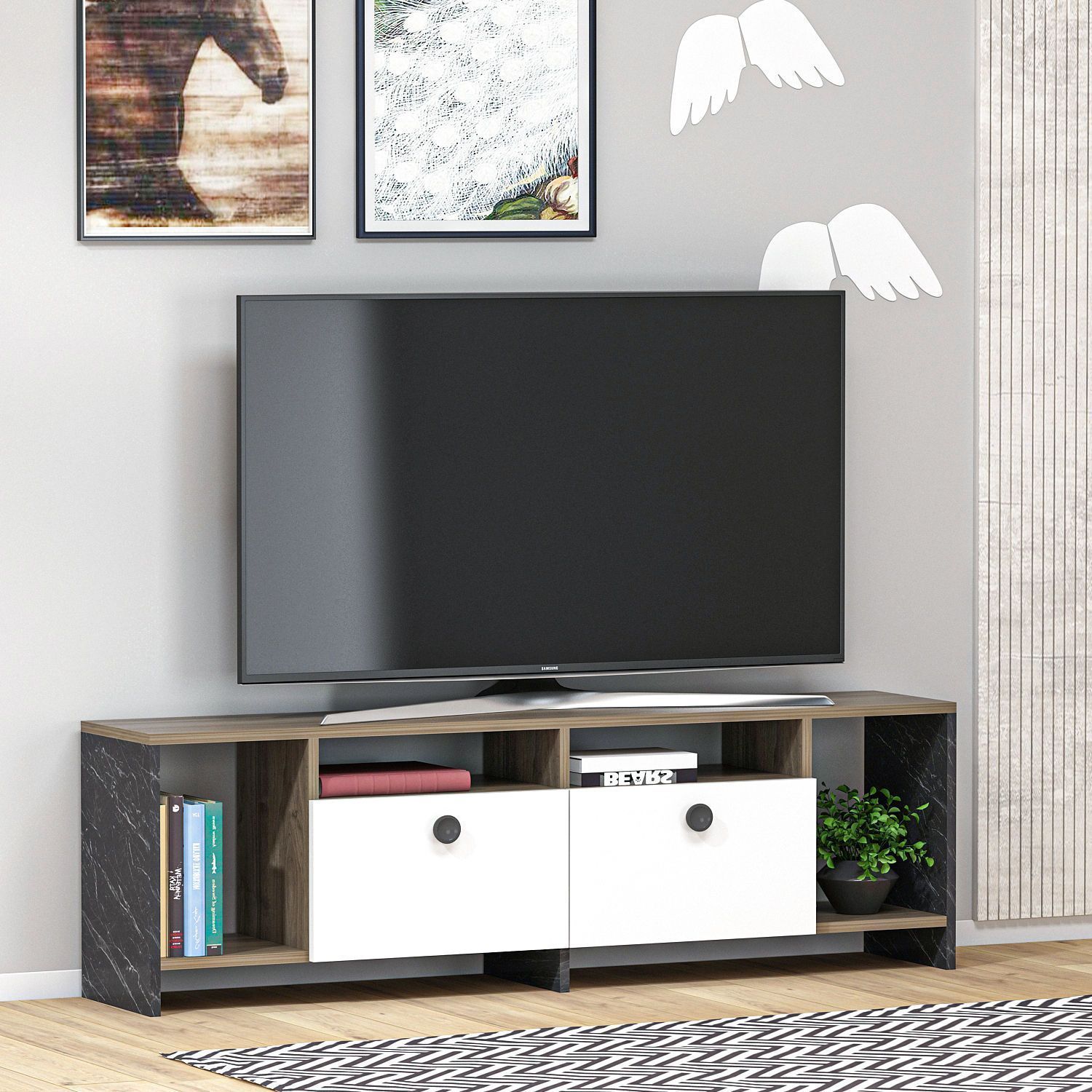 Monster mediebenk - Valnøtt/svart marmor/hvit Monster mediebenk - Valnøtt/svart marmor/hvit