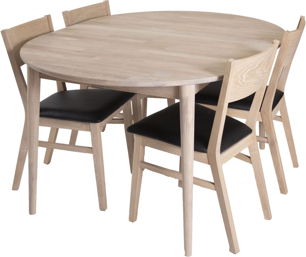 Odense spisegruppe inkl. 4 stk Flen stoler - Hvitoljet eik/Svart PU Odense spisegruppe inkl. 4 stk Flen stoler - Hvitoljet eik/Svart PU