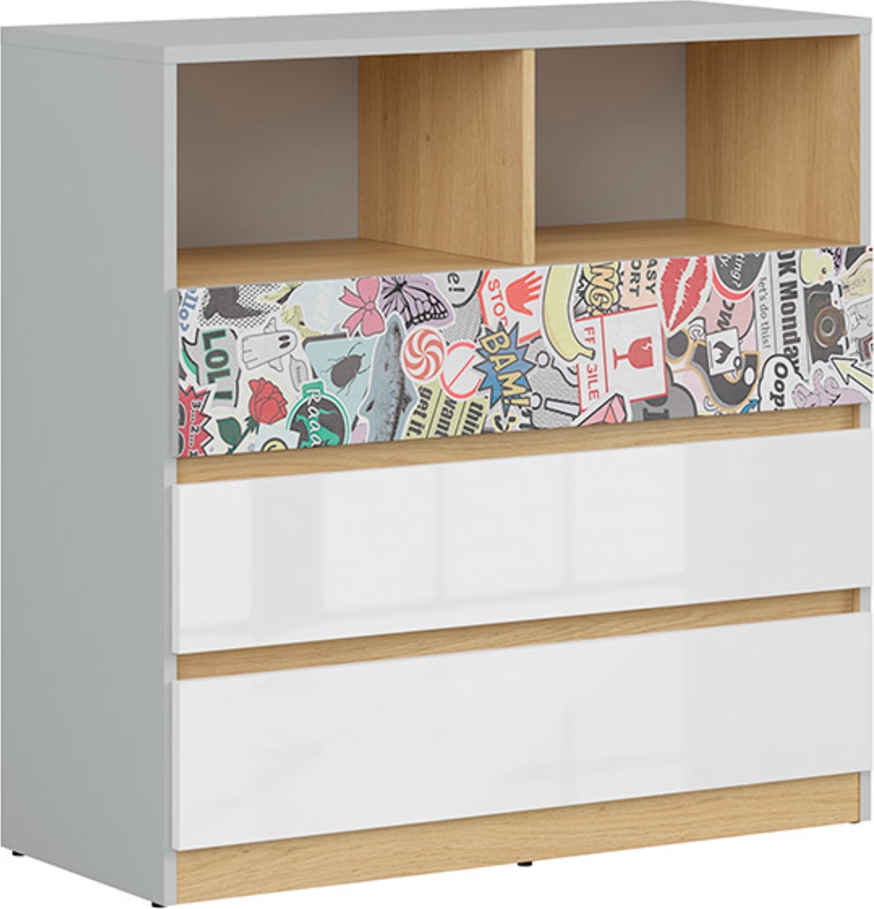 Nandu kommode med klistremerker - Grå/eik/hvit Nandu kommode med klistremerker - Grå/eik/hvit