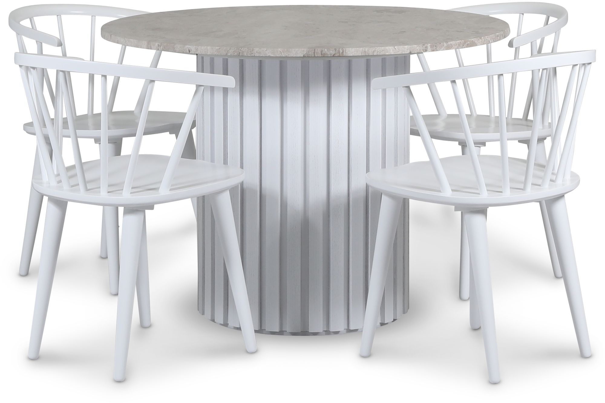 Empire spisegruppe �105 cm inkl. 4 stk. Dalsland hvite stoler - S�lv Diana marmor / Hvit lamell trefot + 3.00 x M�belf�tter
