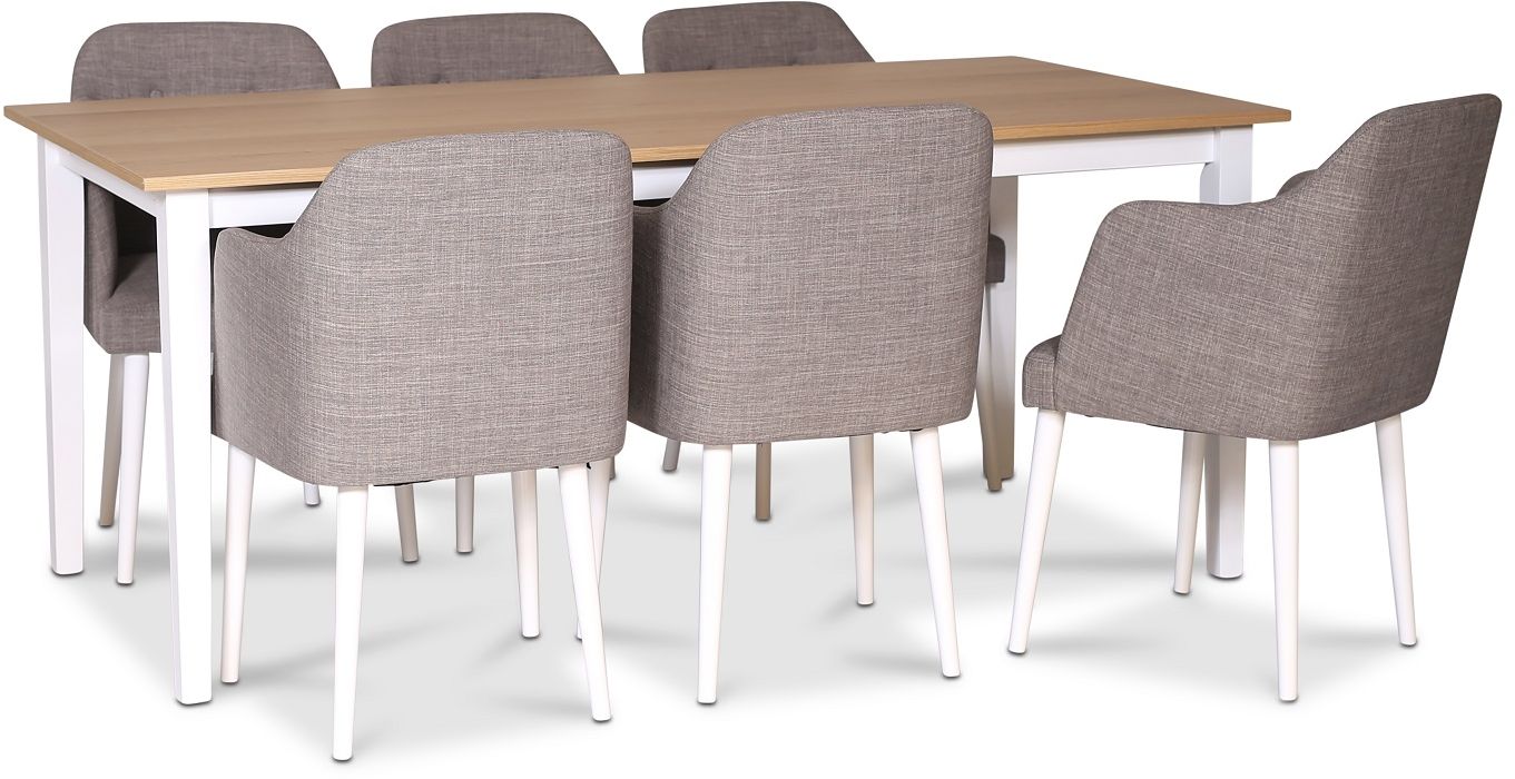 F�r� spisegruppe 180 cm inkl. 6 stk. Sarek gr� karmstoler - Eik/hvit