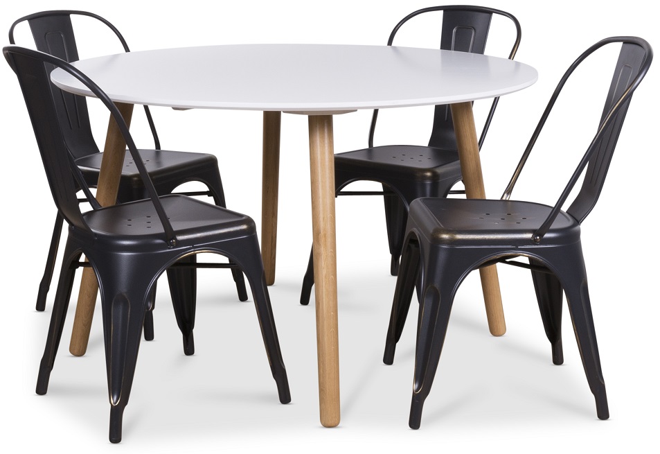 Rosvik spisegruppe, Rundt spisebord med 4 industri blikkstoler - Hvit/Sort/Gull Rosvik spisegruppe, Rundt spisebord med 4 industri blikkstoler - Hvit/Sort/Gull