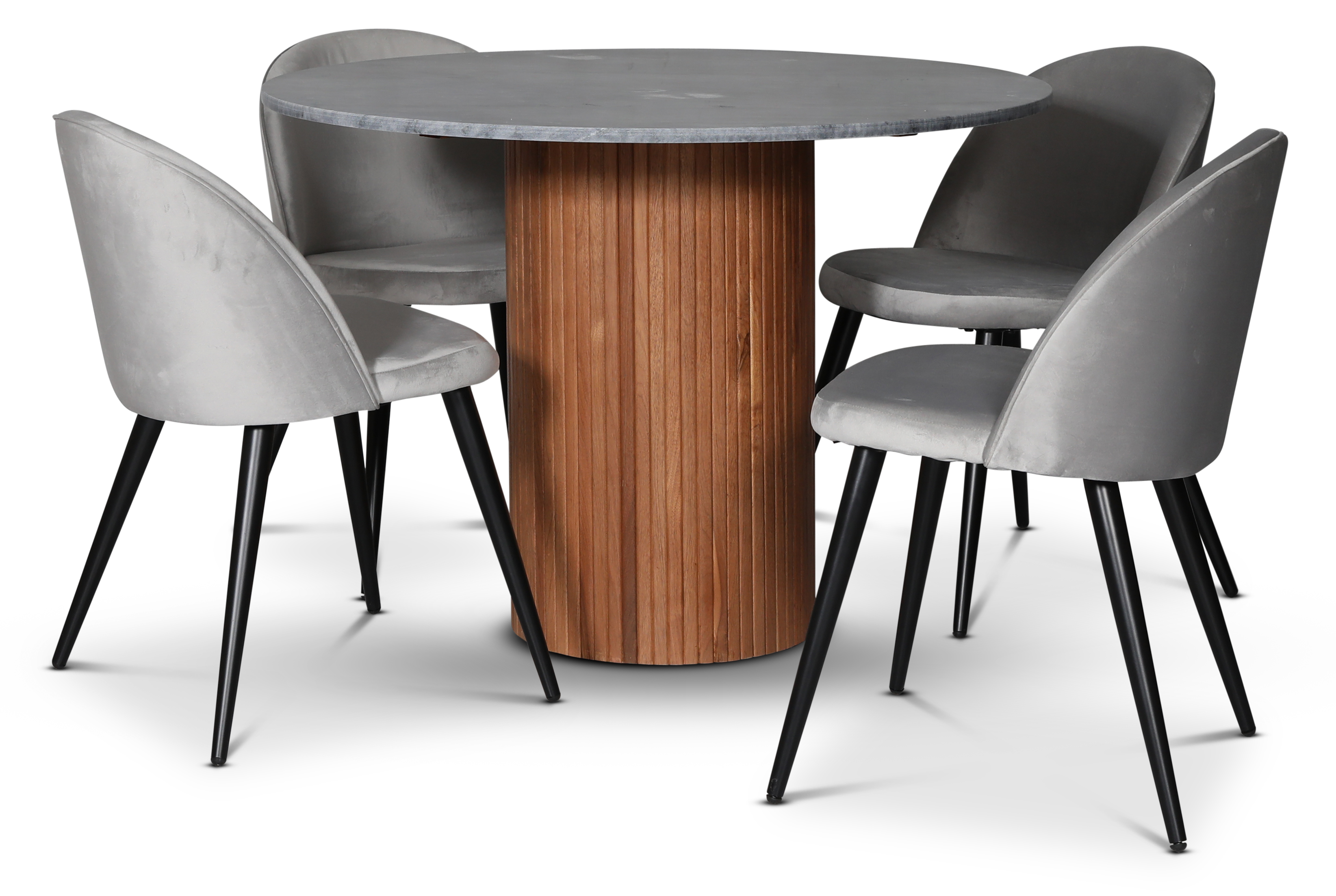 Decibel spisegruppe; rundt spisebord inkl 4 Zeus stoler gr flyel