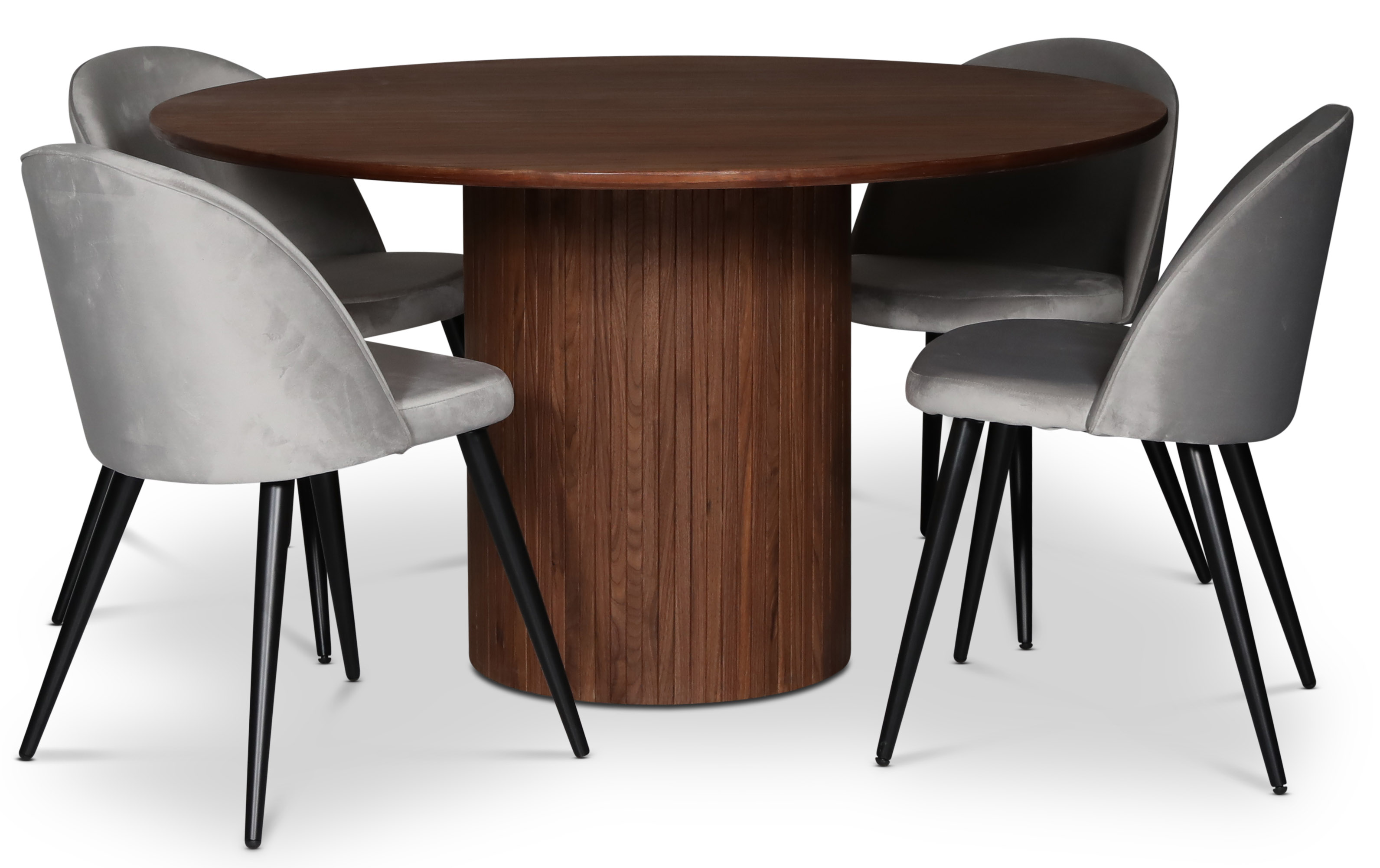spisegruppe i Nordansjöen; rundt spisebord Ø130 cm, valnøtt + 4 Alice spisestoler, Grå fløyel spisegruppe i Nordansjöen; rundt spisebord Ø130 cm, valnøtt + 4 Alice spisestoler, Grå fløyel