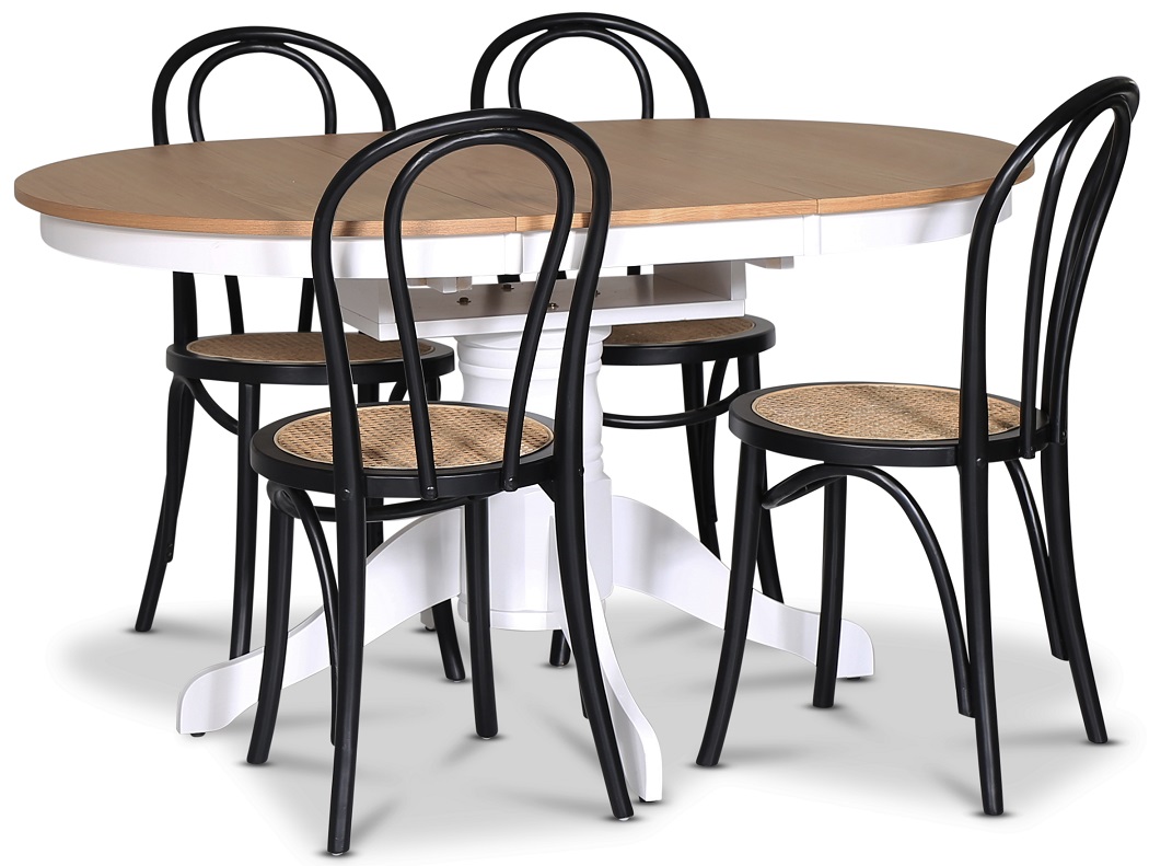 Fitchburg spisegruppe; Ovalt spisebord 106-141 cm - Hvit / Oljet eik med 4 stk Danderyd No.18 spisestoler Svart