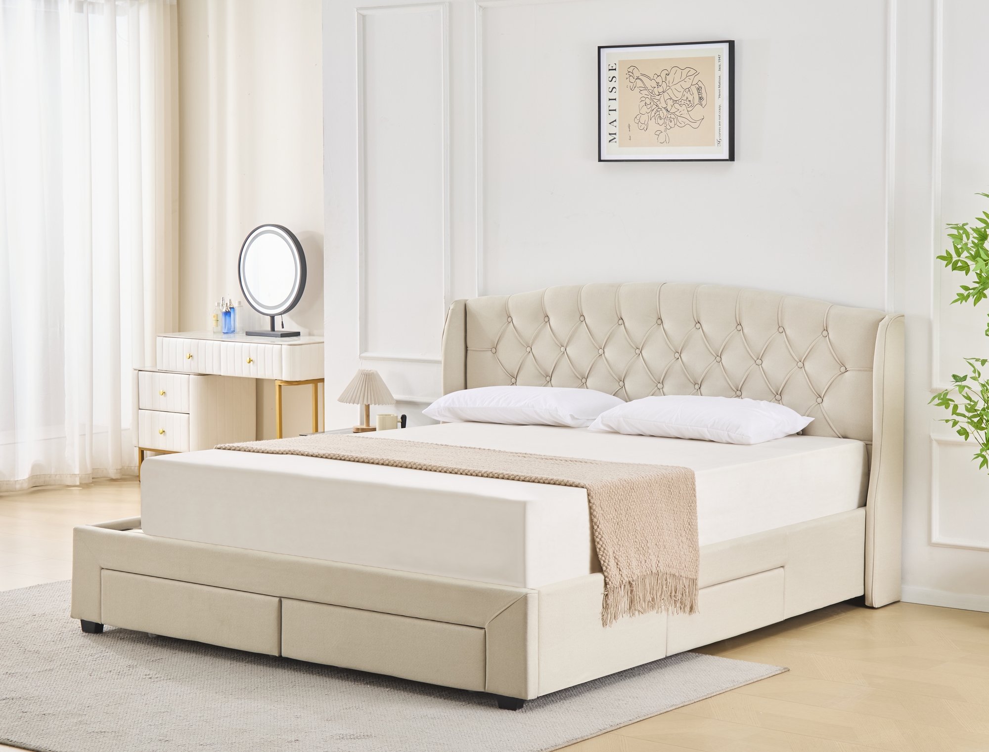 Dame sengeramme med sengegavl og oppbevaring 160 x 200 cm - Beige