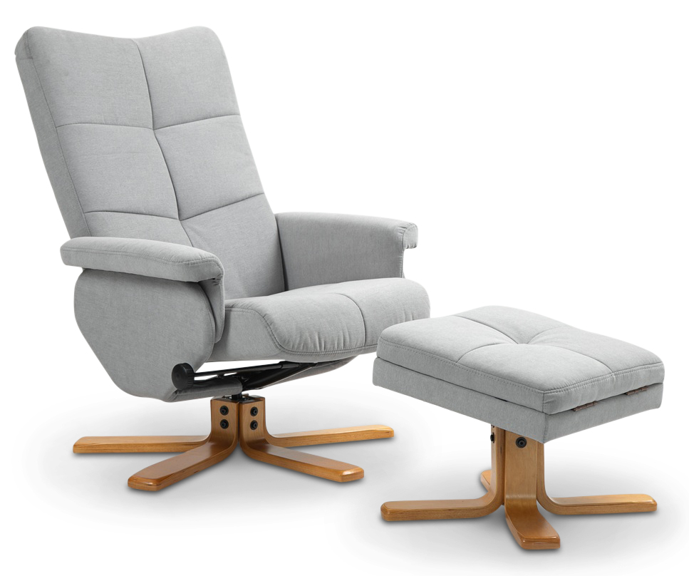 Duva justerbar lenestol inkl. fotskammel med oppbevaring - Grå stoff med treben + Tekstilpleie for møbler Duva justerbar lenestol inkl. fotskammel med oppbevaring - Grå stoff med treben + Tekstilpleie for møbler