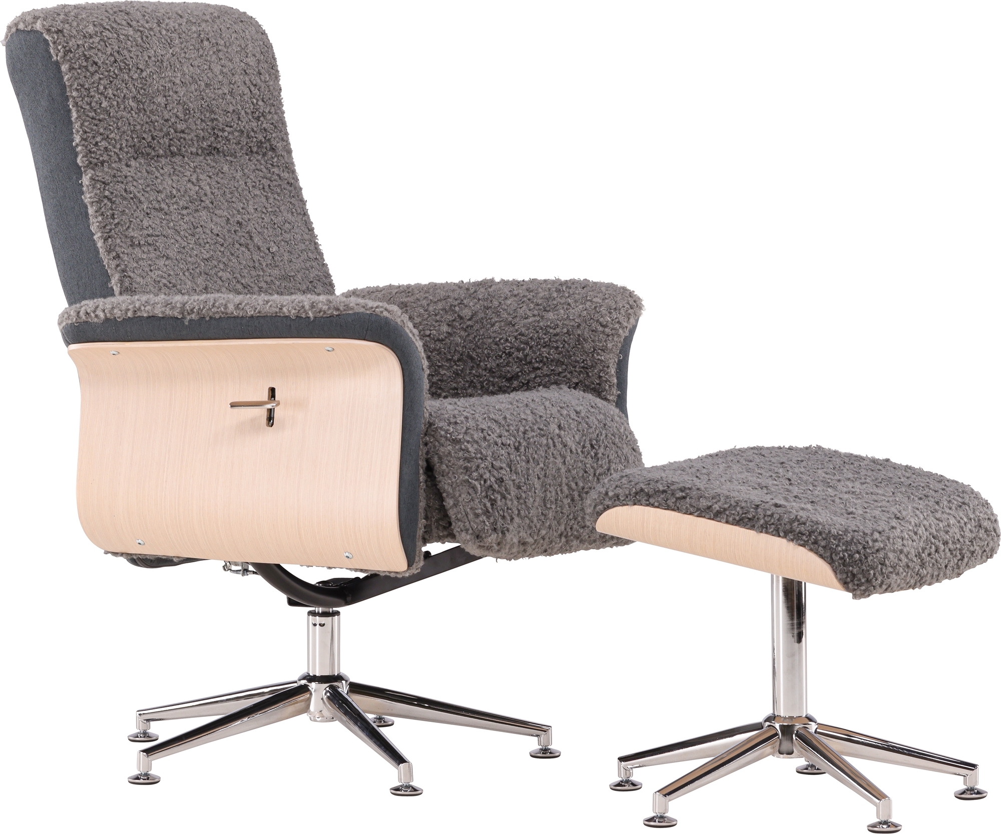 Lenestol med fotskammel - Gr� saueskinnsimitasjon/hvitkalket eik + M�belrengj�ring