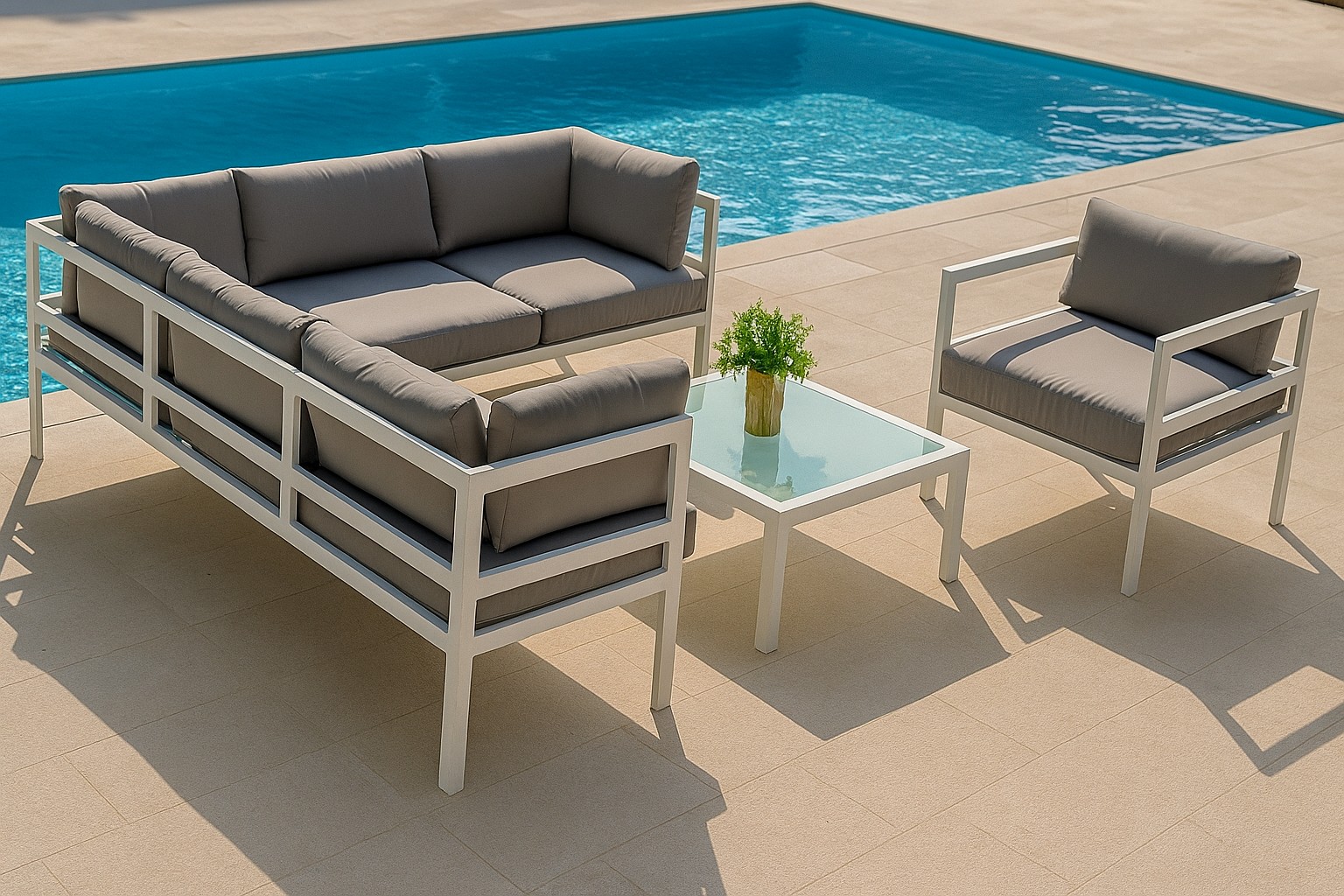 Utendørsgruppe med bord og hjørnesofa i hvit aluminium Utendørsgruppe med bord og hjørnesofa i hvit aluminium