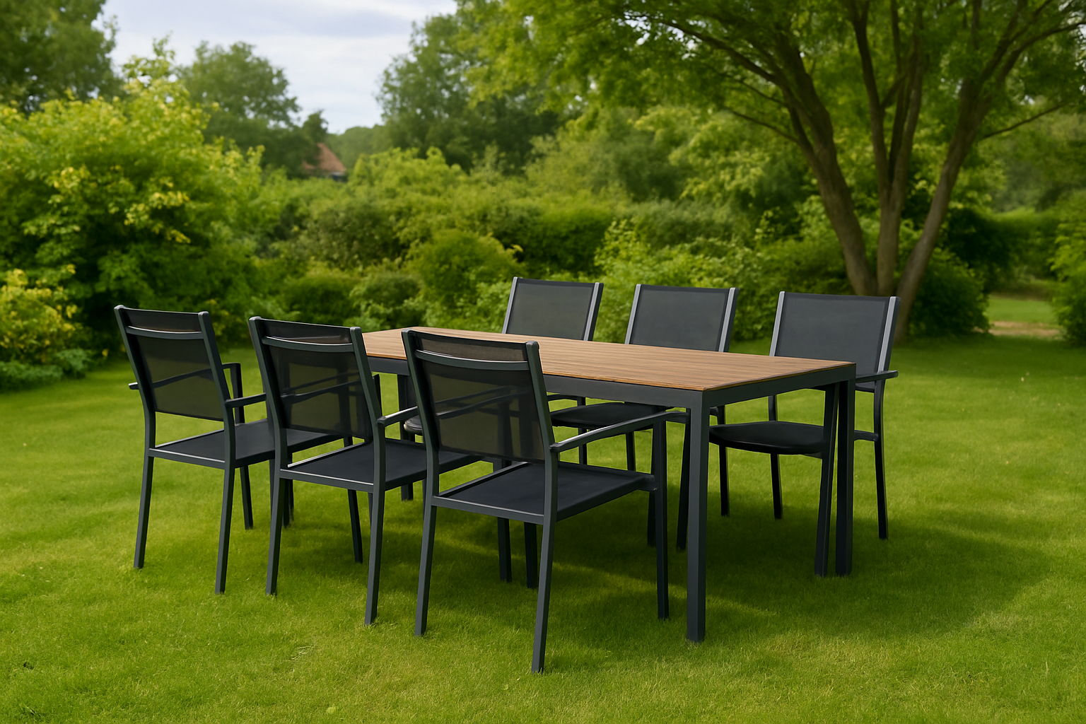 Spisegruppe: 6 stoler og spisebord 205 x 90 cm svart/naturfarget - Copacabana