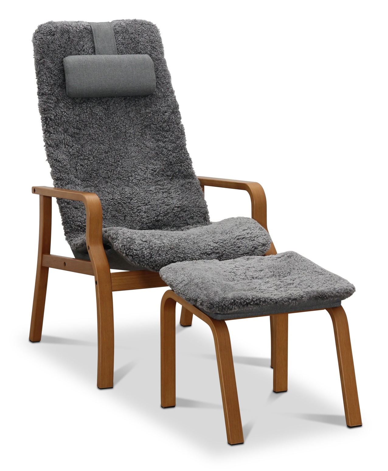 Lenestol i saueskinn + fotskammel i ekte saueskinn i eik/grå - Frank Lenestol i saueskinn + fotskammel i ekte saueskinn i eik/grå - Frank