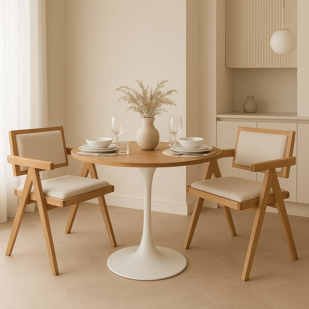 Spisegruppe Sumner 80 cm eik/hvit med 2 Sara lenestoler i eik og lin