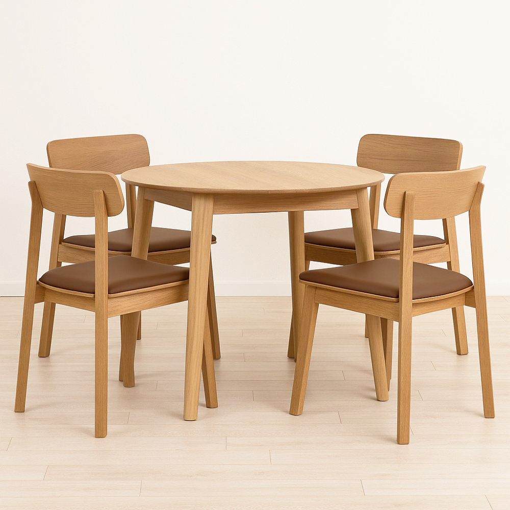 Spisegruppe Genova 90-130x90 cm i oljet eik med 4 Kleppen-stoler i eik og brunt PU