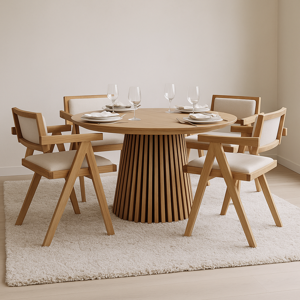 Osaka uttrekkbart spisebord 120-200 cm i eik med 4 Sara lenestoler i eik og lin Osaka uttrekkbart spisebord 120-200 cm i eik med 4 Sara lenestoler i eik og lin