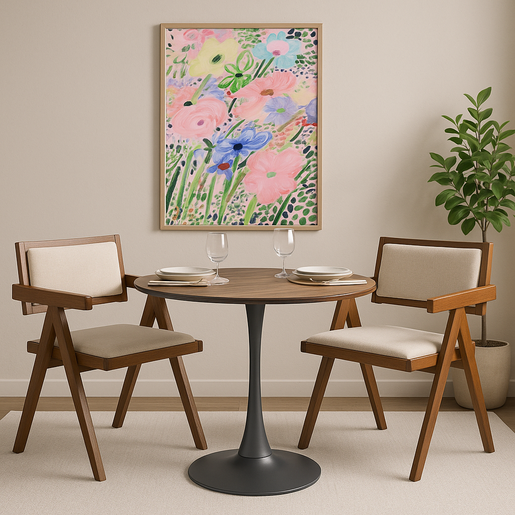 Olmo spisebord Ø90 cm i valnøtt/svart med 2 Sara lenestoler i valnøtt og lin Olmo spisebord Ø90 cm i valnøtt/svart med 2 Sara lenestoler i valnøtt og lin