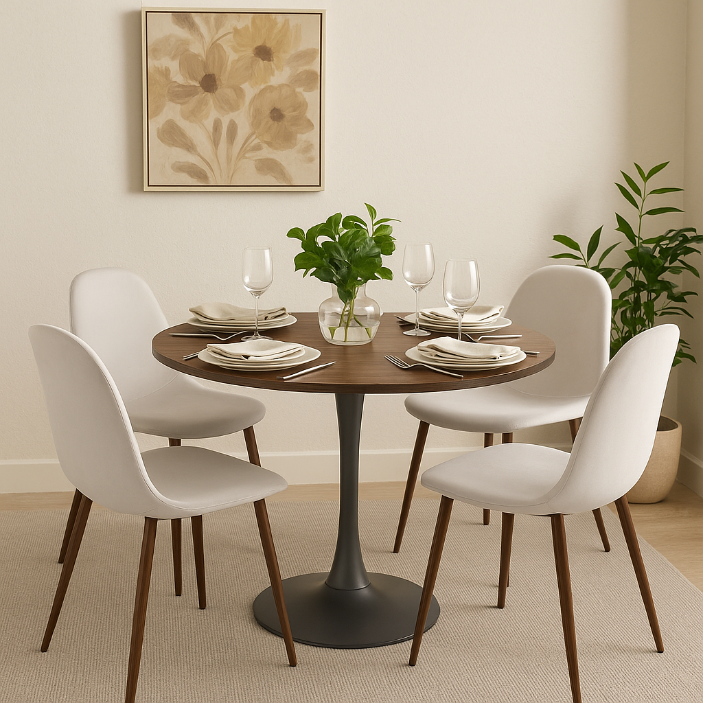 Olmo spisebord Ø90 cm i valnøtt/svart med 4 Alfred spisestoler i beige fløyel og ben i valnøtt Olmo spisebord Ø90 cm i valnøtt/svart med 4 Alfred spisestoler i beige fløyel og ben i valnøtt