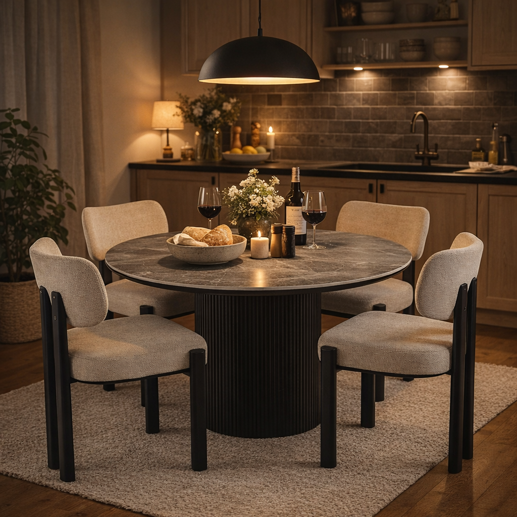 Spisegruppe Salvador spisebord �120cm i gr� stein med 4 Callum spisestoler i beige stoff