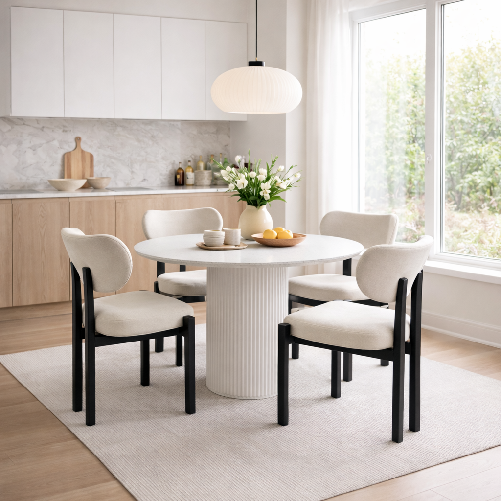 Spisegruppe Sand� spisebord �120 cm i hvit terrazzo med 4 Callum spisestoler i beige stoff