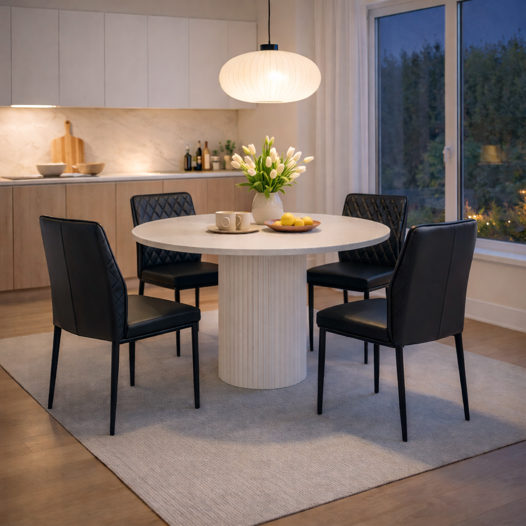 Spisegruppe Sand� spisebord �120 cm i hvit terrazzo med 4 Inez spisestoler i svart kunstskinn