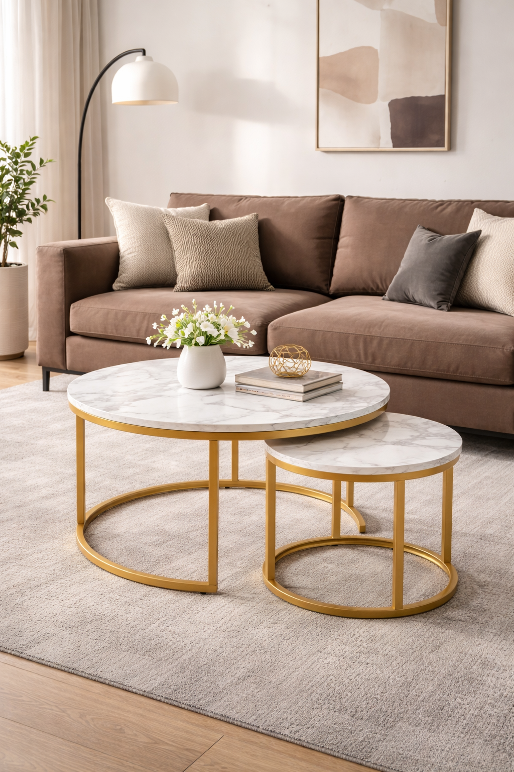 Ruffo salongbord �38/60 cm - Hvit marmor/gull