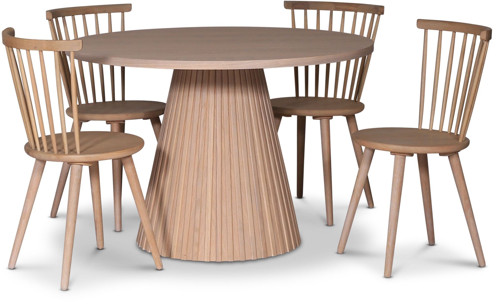 Cleo spisegruppe, rundt bord 110 cm, inkludert 4 stk. hvitoljede Castor pinnestoler - Whitewash/eikefiner Cleo spisegruppe, rundt bord 110 cm, inkludert 4 stk. hvitoljede Castor pinnestoler - Whitewash/eikefiner