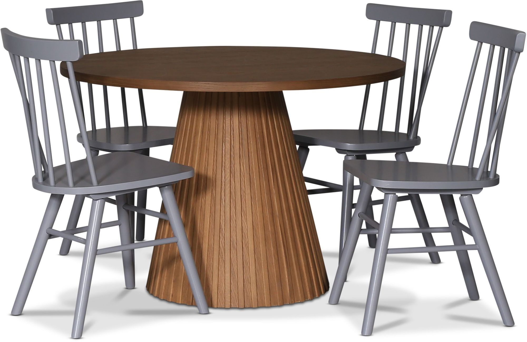 Cleo spisegruppe, rundt bord 110 cm, inkludert 4 stk. gr� Orust pinnestoler - m�rk eikefiner
