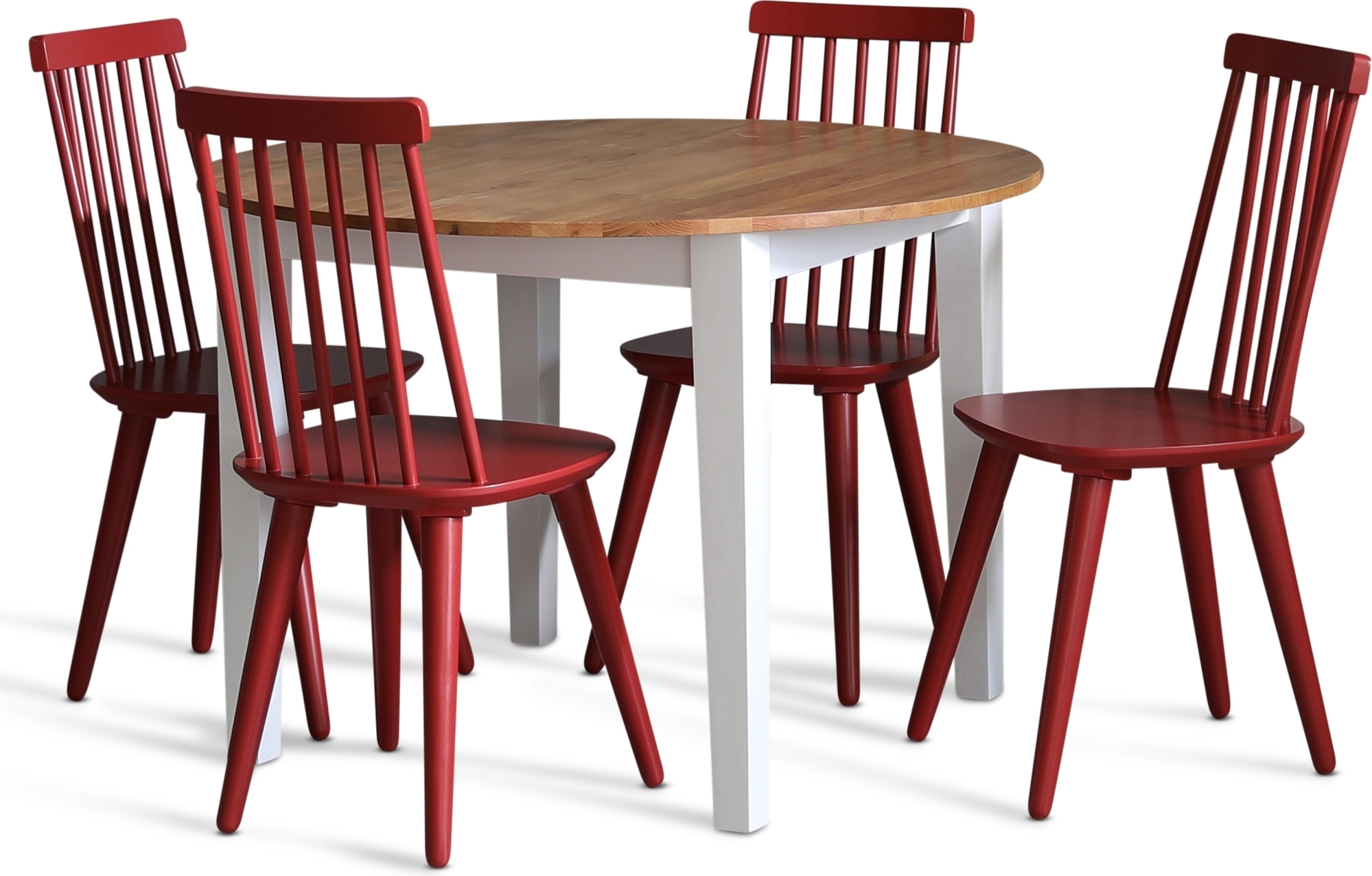 Spisegruppe: Rundt bord i eik / hvit med 4 r�de kurvstoler + 4.00 x Stolpute