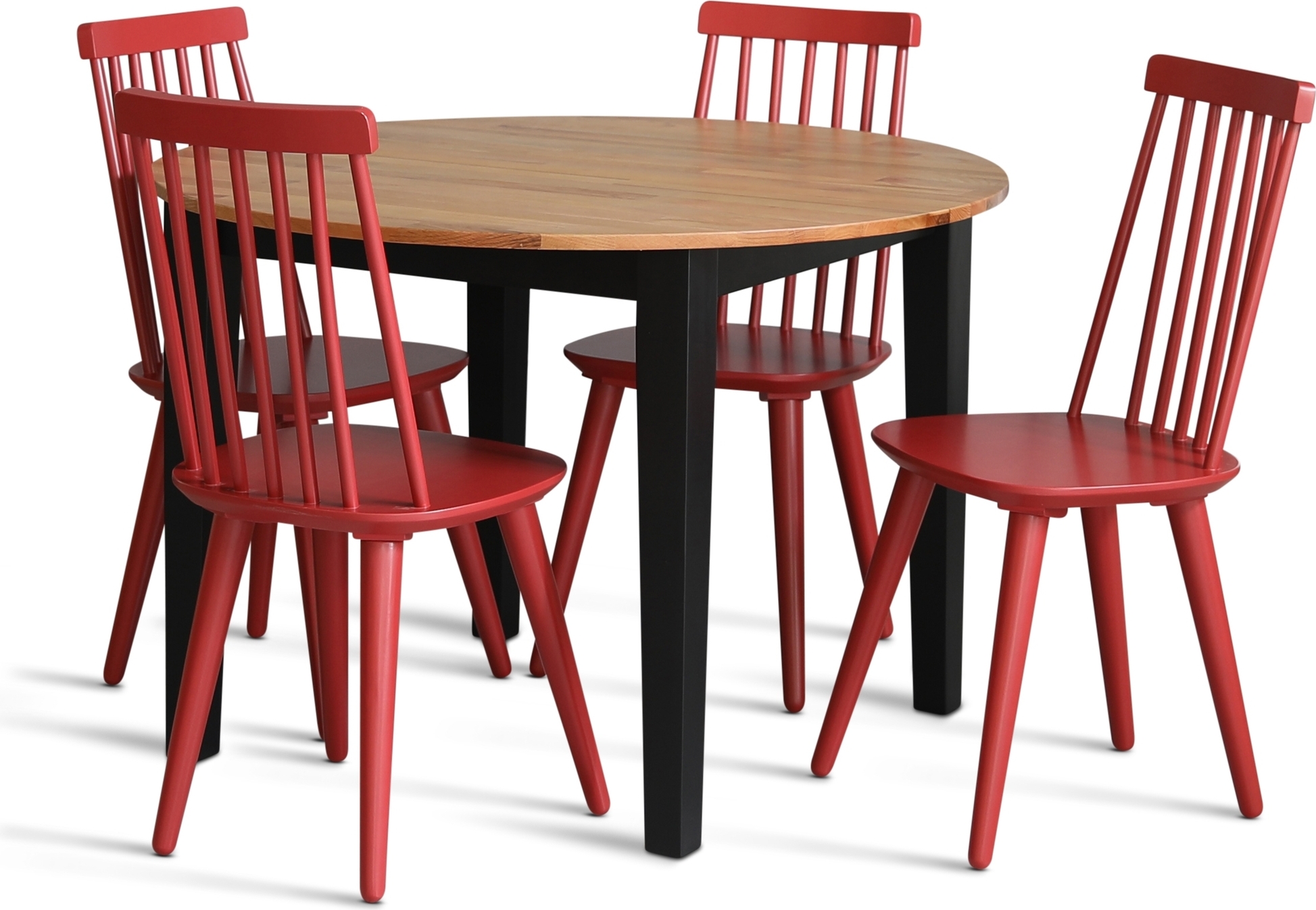 Dalsland spisegruppe: Rundt bord i Eik/Sort med 4 røde Pinnstola Dalsland spisegruppe: Rundt bord i Eik/Sort med 4 røde Pinnstola